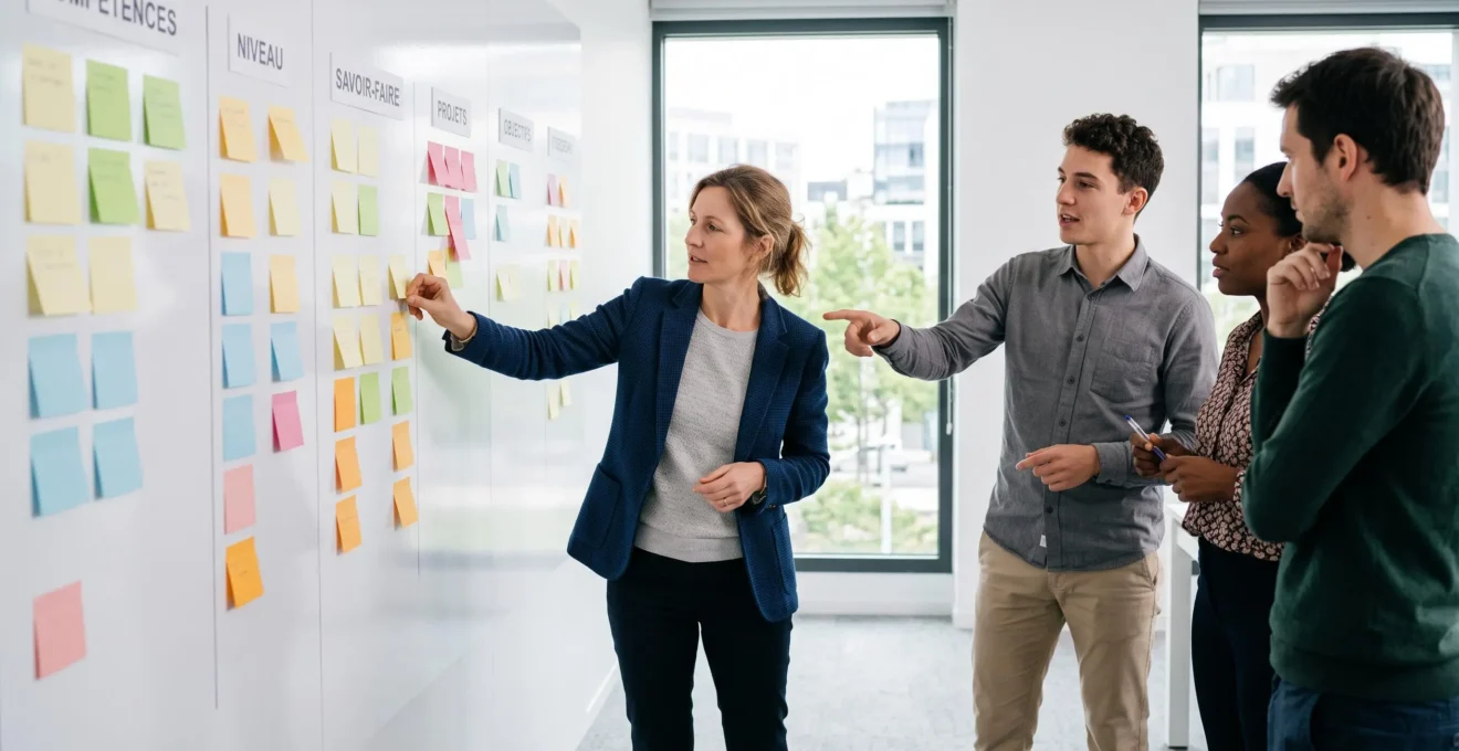 Une responsable formation place des post-it sur un tableau blanc lors d'un atelier de cartographie des compétences avec son équipe.