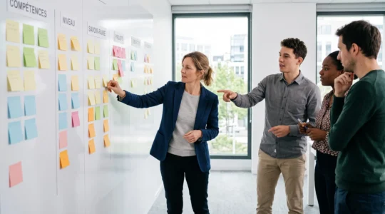Une responsable formation place des post-it sur un tableau blanc lors d'un atelier de cartographie des compétences avec son équipe.