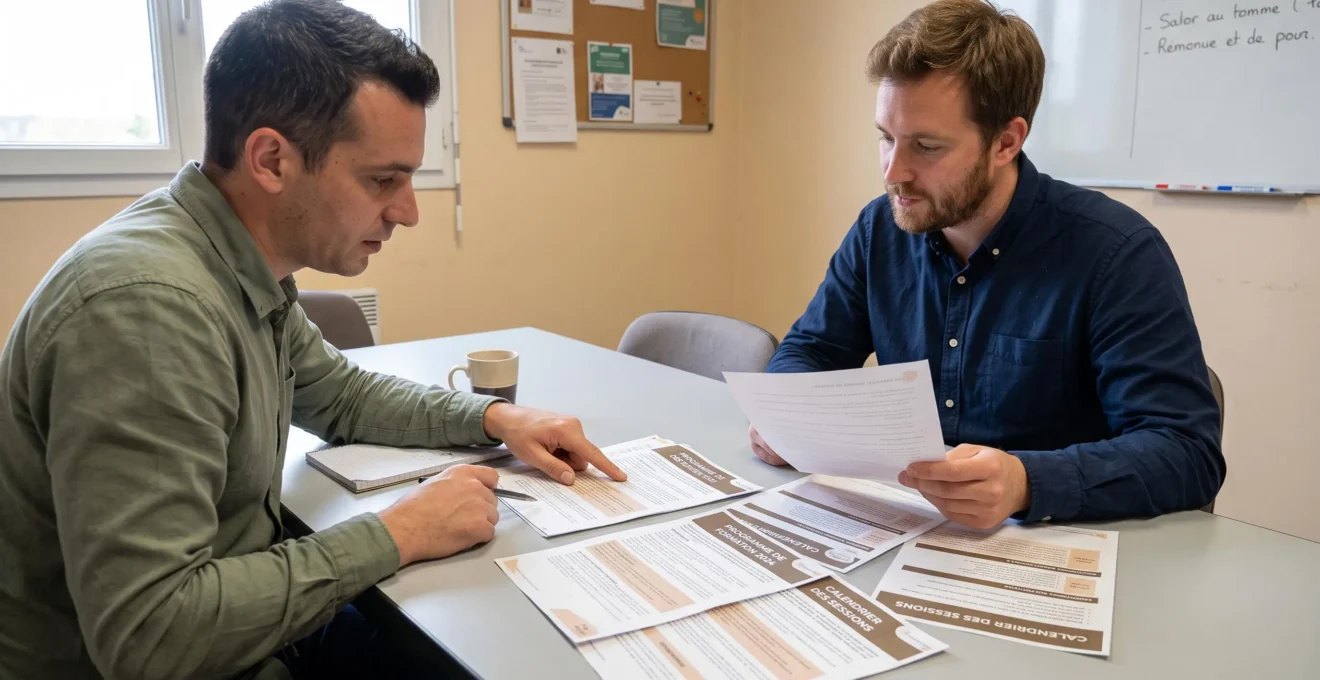 Un coordinateur formation et une conseillère examinent des brochures de programmes de formation posées sur une table.