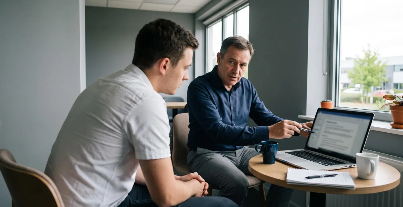 Un manager et une collaboratrice échangent devant un ordinateur portable sur les priorités de formation d'un plan de développement.